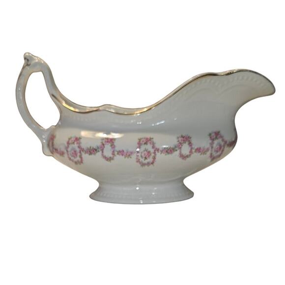 Antique Johnson Brothers Gravy Boat Gold Scallop Edge Pink Rose Swags JB313 - Picture 2 of 10